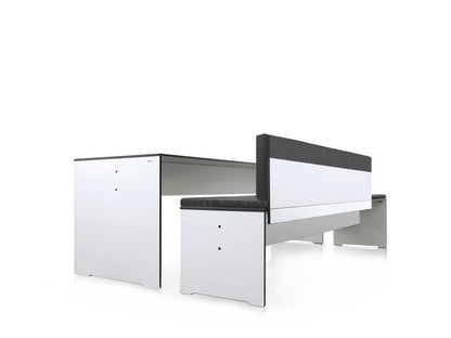 onmoto RIVA white table and bench with backrest in minimalist HPL design for outdoor dining