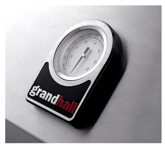Humidity gauge with 'grandhall' branding on a metallic surface