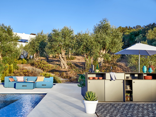 conmoto TICINO Kitchen outdoor modular setup with Block D Grill in HPL in outdoor pool 