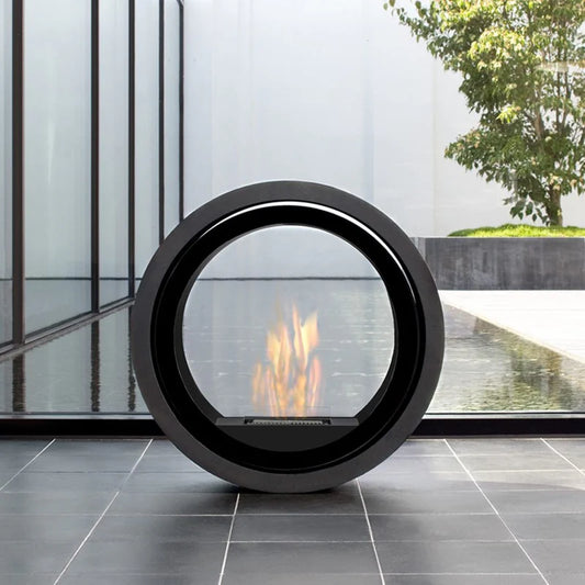 Modern black ROLL FIRE fireplace with 360 degree flame view
