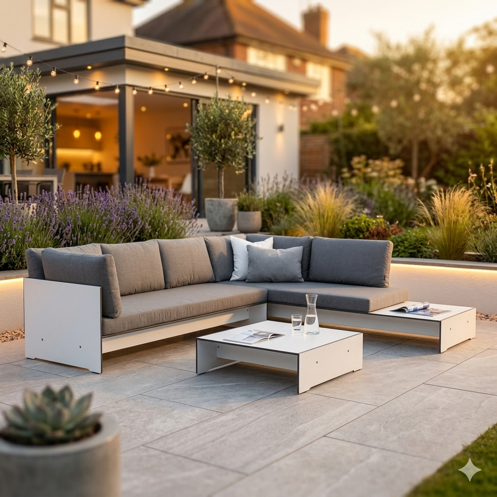 conmoto RIVA Lounge Combination E |Modular Outdoor & Indoor Sofa in luxury UK garden 