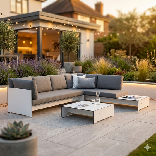 conmoto RIVA Lounge Combination E |Modular Outdoor & Indoor Sofa in luxury UK garden 