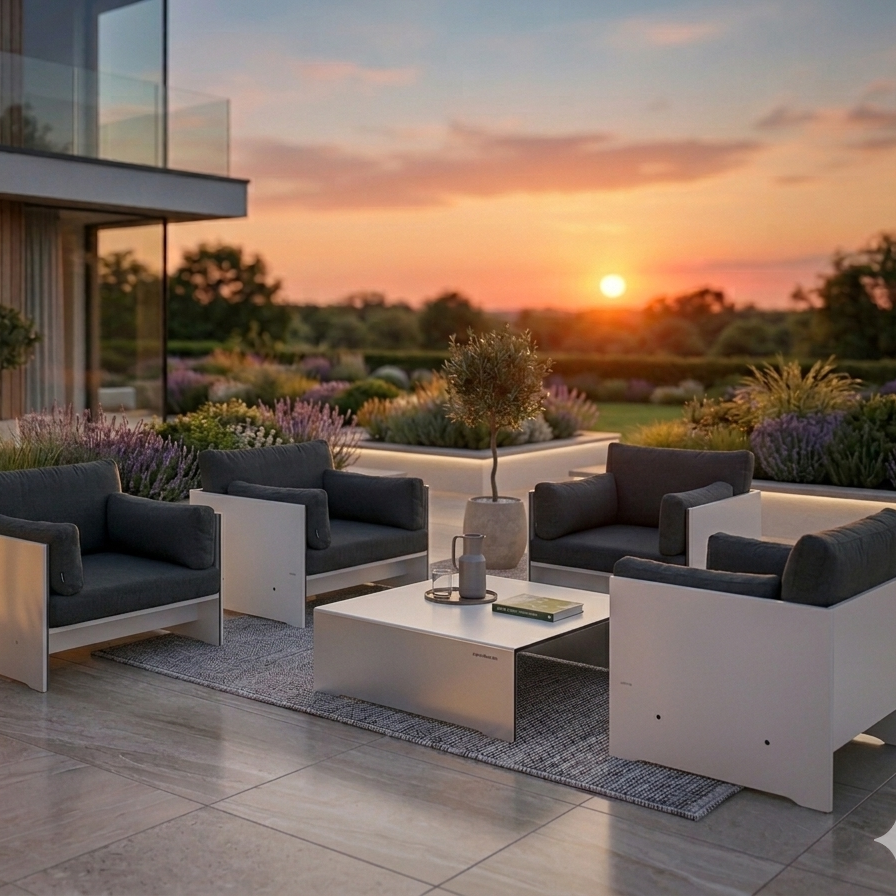conmoto RIVA Lounger Modern Outdoor & Indoor Lounge Chair in UK luxury garden setting 