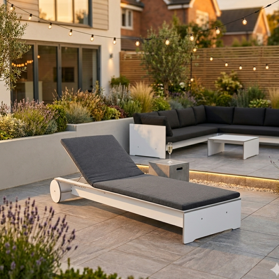 conmoto RIVA Sunbed Premium Outdoor Lounger in UK garden setting 