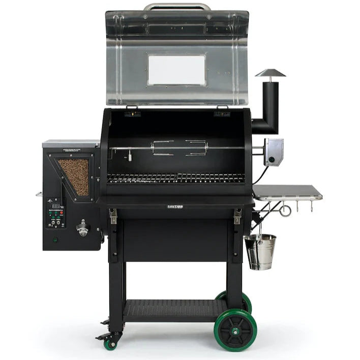 Pellet smoker with control panel and wood pellets inside, on a white background